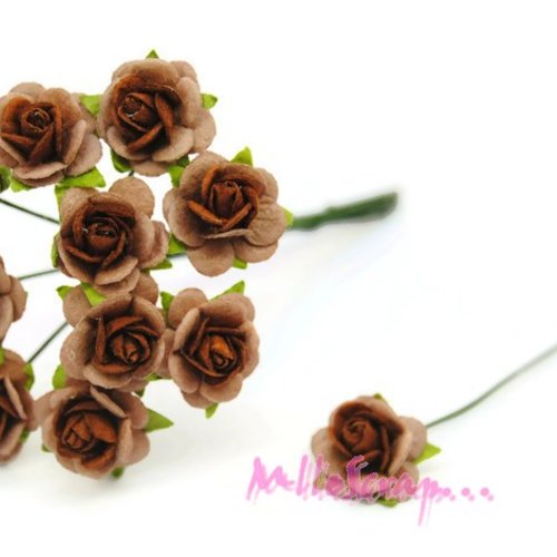 *lot de 10 petites roses marron, beige papier avec tige embellissement scrap carte 1(réf.810)*