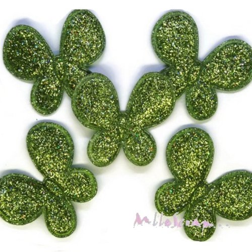*lot de 5 papillons tissu effet glitter vert embellissement scrapbooking(réf.310).*