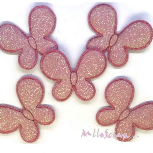 *lot de 5 papillons tissu effet glitter rose clair embellissement scrapbooking(réf.310).*
