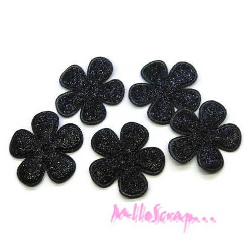 *lot de 5 fleurs tissu effet glitter noir embellissement scrapbooking (réf.310).*