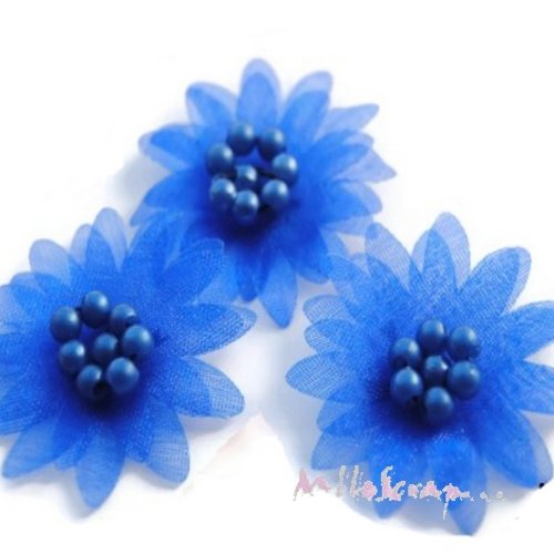 *lot de 5 fleurs bleu foncé tissu organza, perles scrapbooking, carterie (réf.310).*