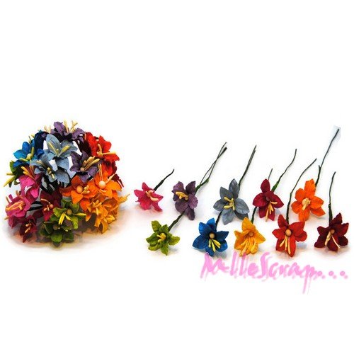 Lot de 10 fleurs "lily" avec tige papier multicolore embellissement scrap carte