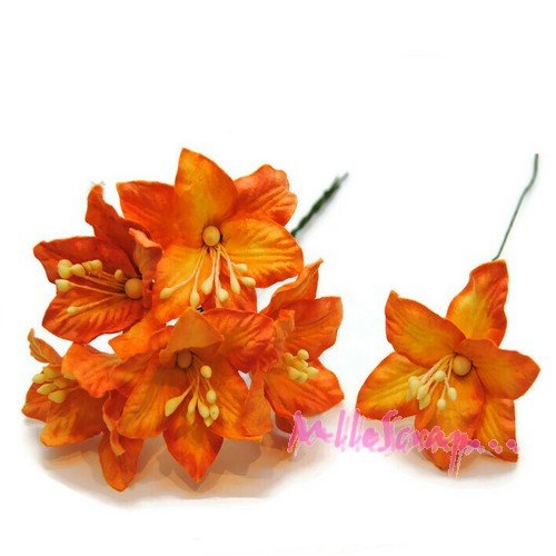 *lot de 5 fleurs "lily" orange avec tige embellissement scrap carte*