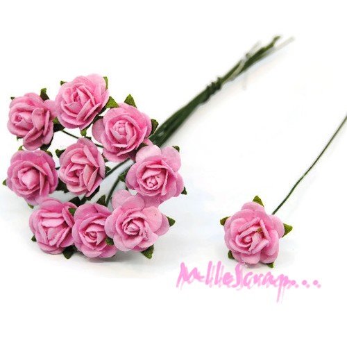 *lot de 10 petites roses rose papier avec tige embellissement scrap carte 8(réf.810)*