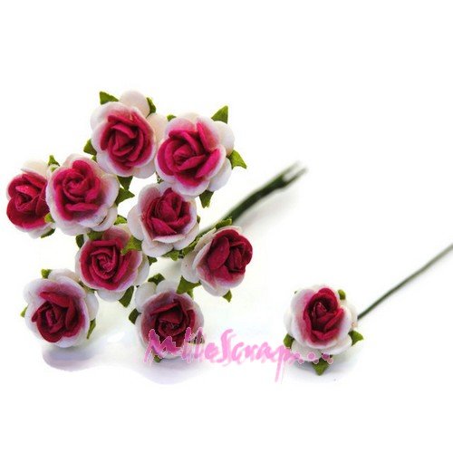 *lot de 10 petites roses rose papier avec tige embellissement scrap carte 2(réf.810)*