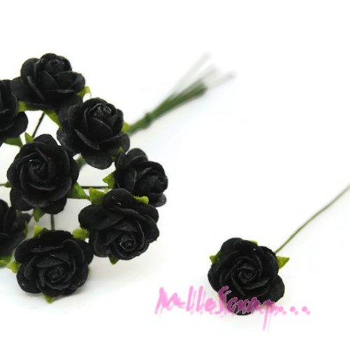 *lot de 10 petites roses noir papier avec tige embellissement scrap carte 7(réf.810)*