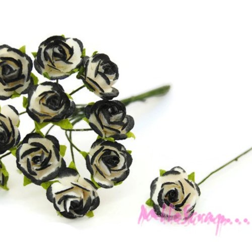 *lot de 10 petites roses noir, blanc papier avec tige embellissement scrap carte 7(réf.810)*