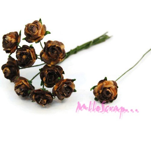 *lot de 10 petites roses marron, beige papier avec tige embellissement scrap carte 7(réf.810)*