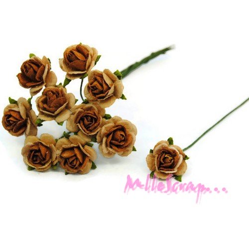 *lot de 10 petites roses marron, beige papier avec tige embellissement scrap carte 2(réf.810)*