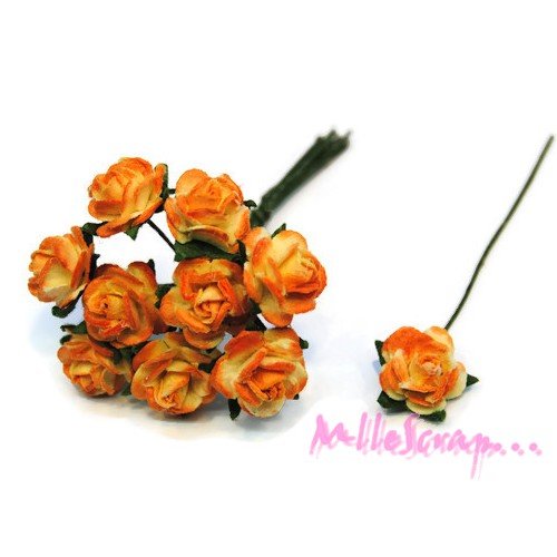 *lot de 10 petites roses orange papier avec tige embellissement scrap carte 2(réf.810*