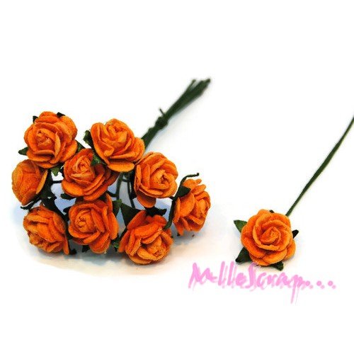 *lot de 10 petites roses orange papier avec tige embellissement scrap carte 3(réf.810)*