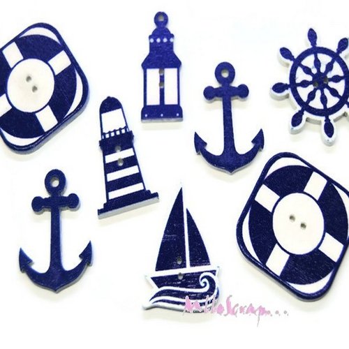 *lot de 10 boutons bois décorés thème "la mer" embellissement scrapbooking.*