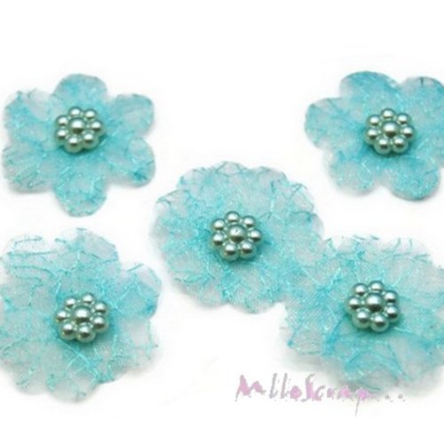 *lot de 5 fleurs bleu clair tissu organza, perles scrapbooking carte(réf.310).*