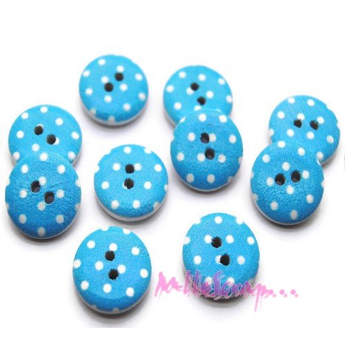 *lot de 10 boutons bois décorés tons bleus embellissement scrapbooking*