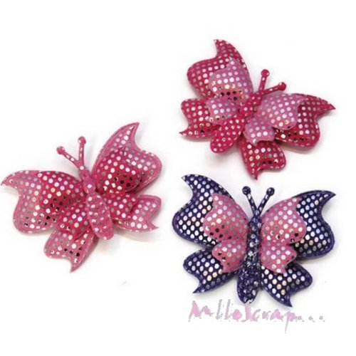 *lot de 3 papillons tissu multicolore rose, violet embellissement scrapbooking carterie (réf.310)*