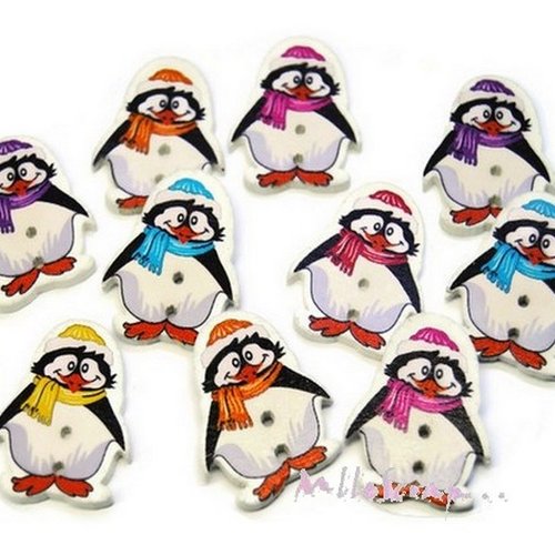 *lot de 10 boutons bois décorés pingouins de noel embellissement scrapbooking*