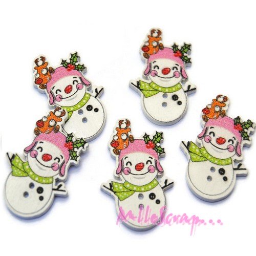 Boutons petits bonhommes de neige de noel bois multicolore - 5 pièces