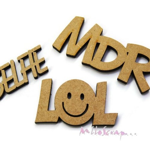 Mots "selfie, mdr, lol" bois décoration scrapbooking carterie - 3 pièces