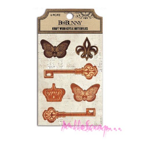 Papillons et clés bo bunny bois embellissement scrap - 6 pièces
