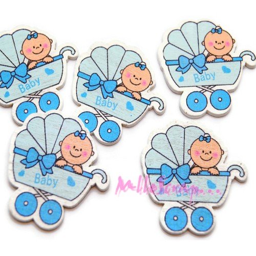 Petits landaus et bébés bleu bois scrapbooking naissance décoration - 5 pièces