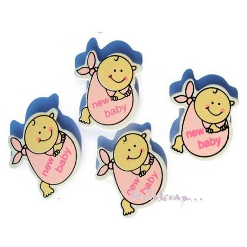 Bébés rose autocollants en bois embellissement scrapbooking décorations naissance - 4 pièces
