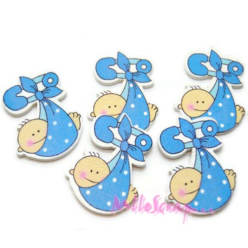 Petits bébés bleu bois scrapbooking décoration naissance - 5 pièces