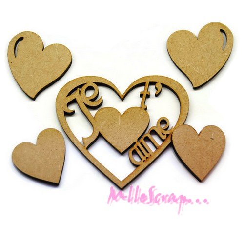 Coeurs découpes bois à décorer scrapbooking carterie - 5 pièces
