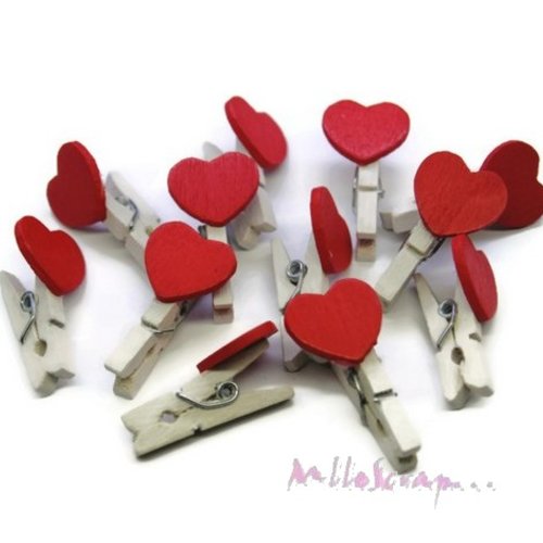 Petites pinces à linge décoratives coeurs bois rouge, blanc - 5 pièces