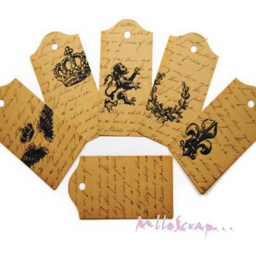 Tags, étiquettes "royauté" shabby embellissement scrapbooking carterie - 6 pièces
