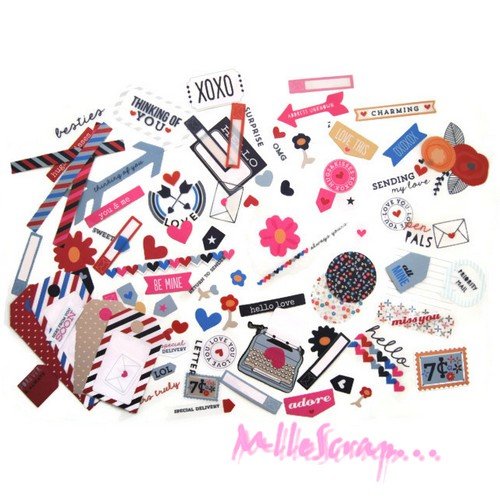 *gros lot découpes étiquettes, tags papier transparent  "pen pals" pink paislee scrapbooking - 111 pièces