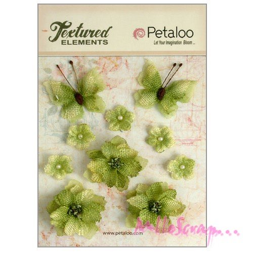 Décos fleurs, papillons vert tissu petaloo embellissement scrapbooking - 10 pièces