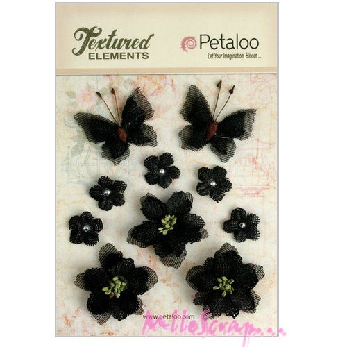 Décos fleurs, papillons noir tissu petaloo embellissement scrapbooking - 10 pièces