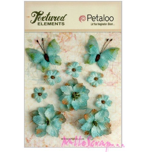 Décos fleurs, papillons bleu tissu petaloo embellissement scrapbooking - 10 pièces