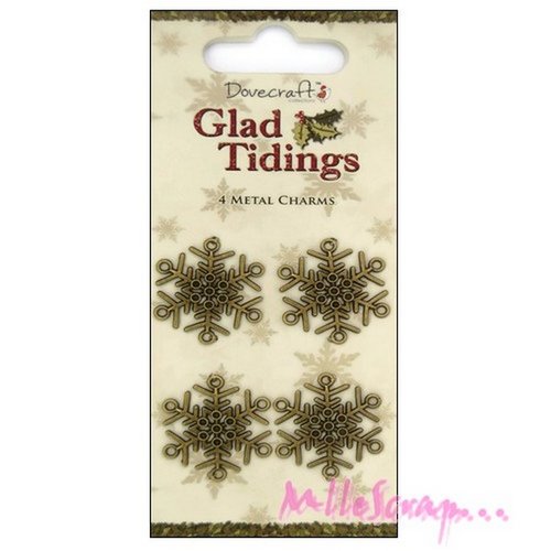 Belles breloques flocons de neige bronze "glad tidings" noel décoration scrapbooking - 4 pièces