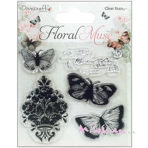 Tampons transparents dovecraft "floral muse" papillons embellissement scrapbooking carterie - 5 pièces