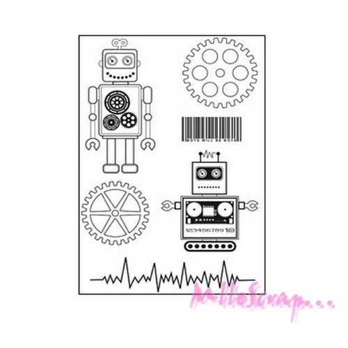 Tampon transparent acrylique "petit robot" kaisercraft embellissement scrapbooking  - 6 pièces