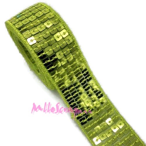 Ruban tissu sequins vert - 1 mètre