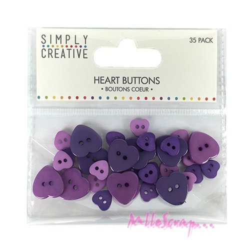Boutons coeurs violet simply creative embellissement scrapbooking - 35 pièces