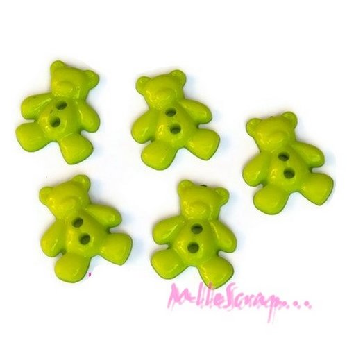 Boutons oursons plastique vert embellissement scrapbooking carterie couture - 5 pièces