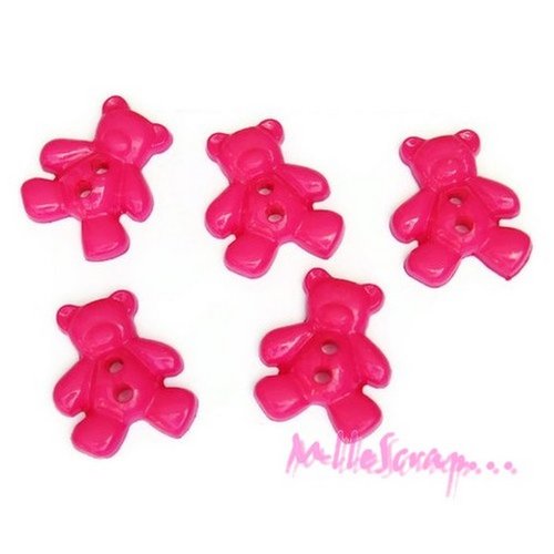 Boutons oursons plastique rose foncé embellissement scrapbooking carterie couture - 5 pièces