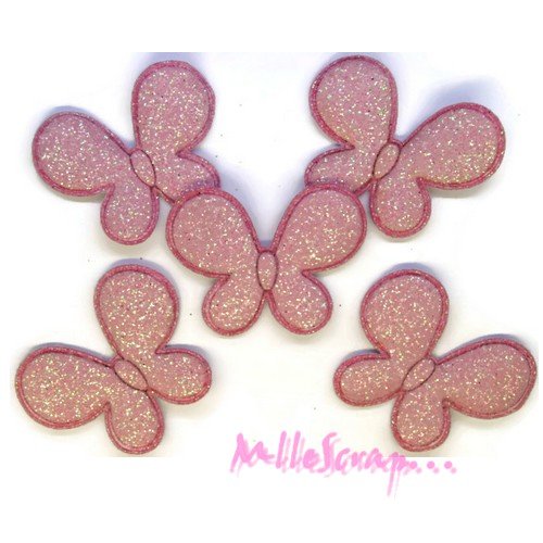 Appliques papillons tissu avec des paillettes rose clair embellissement scrapbooking carterie couture - 5 pièces