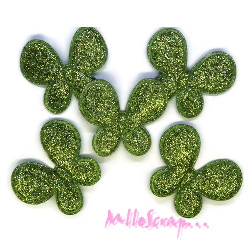 Appliques papillons tissu avec des paillettes vert embellissement scrapbooking carterie couture - 5 pièces