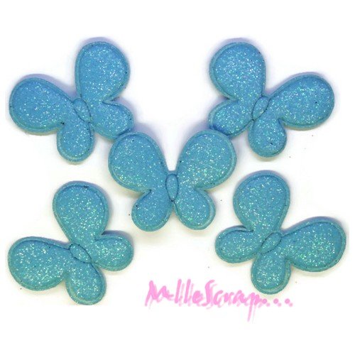 Appliques papillons tissu avec des paillettes bleu clair embellissement scrapbooking carterie couture - 5 pièces