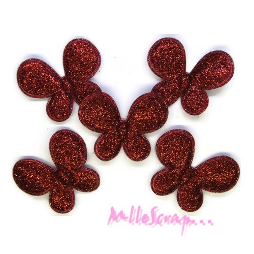 Appliques papillons tissu avec des paillettes rouge embellissement scrapbooking carterie couture - 5 pièces