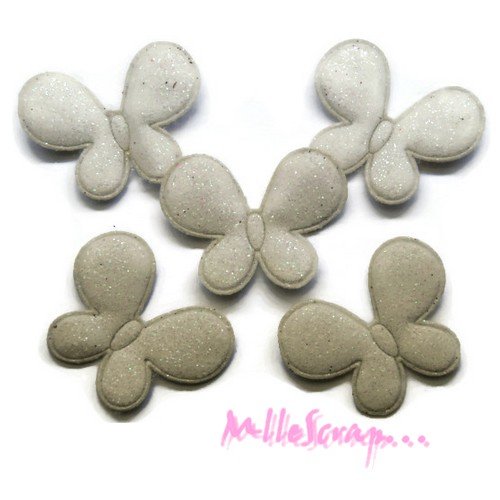 Appliques papillons tissu avec des paillettes blanc embellissement scrapbooking carterie couture - 5 pièces