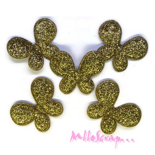 Appliques papillons tissu avec des paillettes doré embellissement scrapbooking carterie couture - 5 pièces