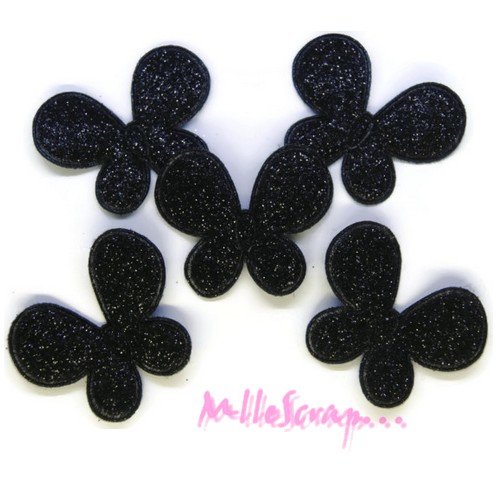 Appliques papillons tissu avec des paillettes noir embellissement scrapbooking carterie couture - 5 pièces