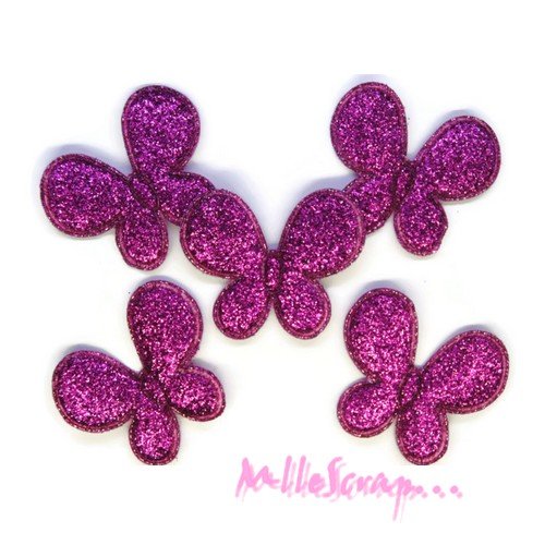 Appliques papillons tissu avec des paillettes rose foncé embellissement scrapbooking carterie couture - 5 pièces