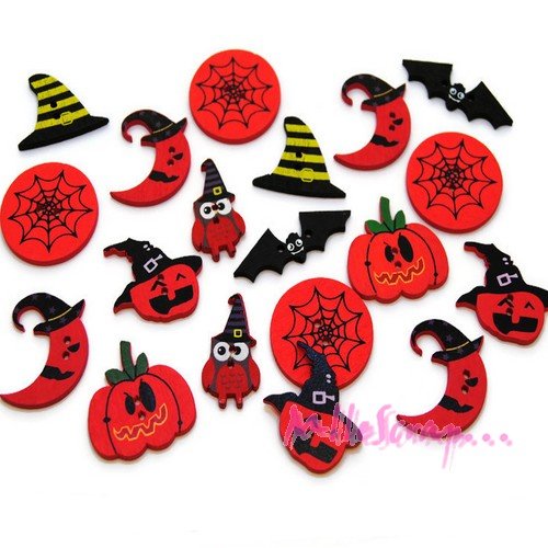 Boutons bois halloween gros lot embellissement scrapbooking carterie couture - 19 pièces