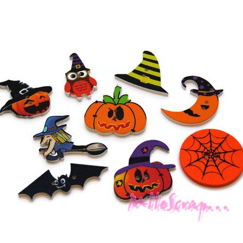 Boutons bois halloween embellissement scrapbooking carterie couture - 9 pièces